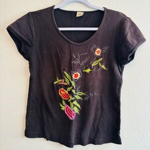 Embroidered Floral Black Top y2k size large